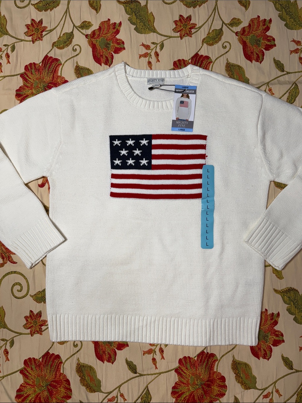 Mighty Fine White Crewneck Sweater with Red & Blue Flag L NWT - Picture 2 of 4